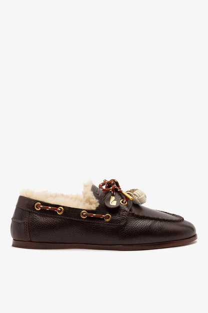 Cyprus Boat Shoe In Brown Leather and Natural Shearling - Larroude