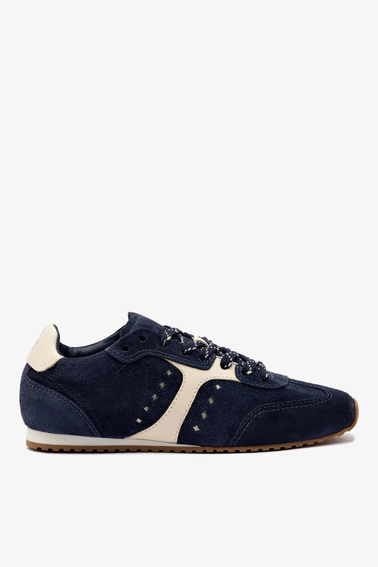 Stella Sneaker In Navy Suede and Ivory Leather - Larroude