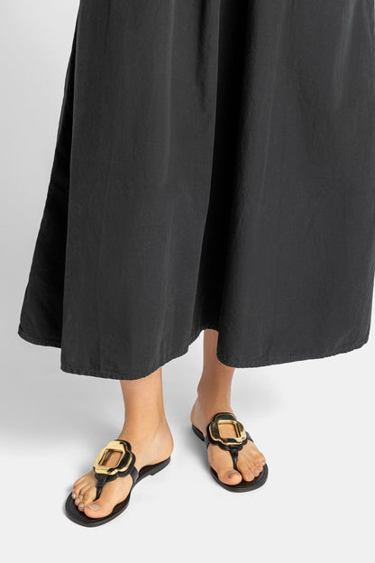 Margherita Thong Sandal in Black Leather and Gold Hardware - Larroude