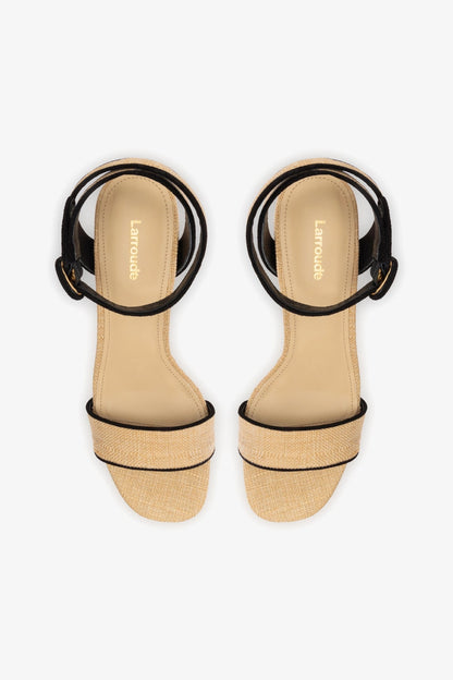 Dolly Low Sandal In Beige Raffia and Black Trimming - Larroude