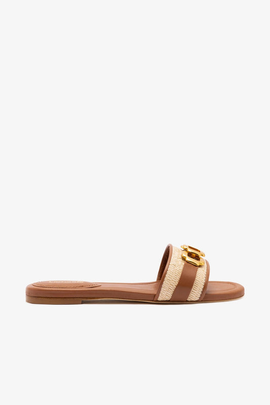 Franca Flat In Natural Raffia And Caramel Leather - Larroude