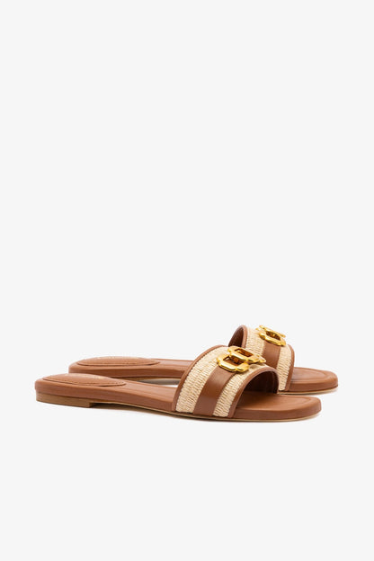 Franca Flat In Natural Raffia And Caramel Leather - Larroude