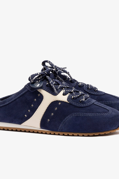 Stella Mule In Navy Suede and Ivory Leather - Larroude