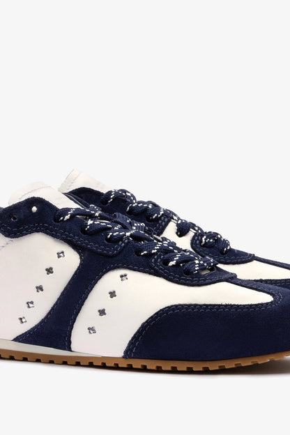 Stella Sneaker In White Leather and Indigo Suede - Larroude