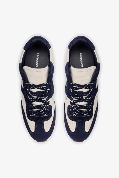 Stella Sneaker In White Leather and Indigo Suede - Larroude
