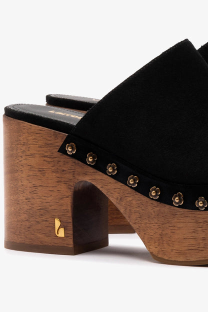Miso Wooden Platform Clog In Black Suede - Larroude