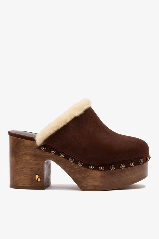 Miso Wooden Platform Clog In Brown Suede And Natural Shearling - Larroude