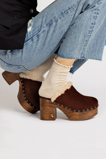 Miso Wooden Platform Clog In Brown Suede And Natural Shearling - Larroude