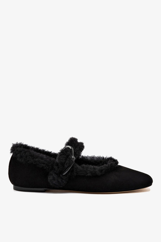 Verona Ballet Flat In Black Suede And Black Shearling - Larroude