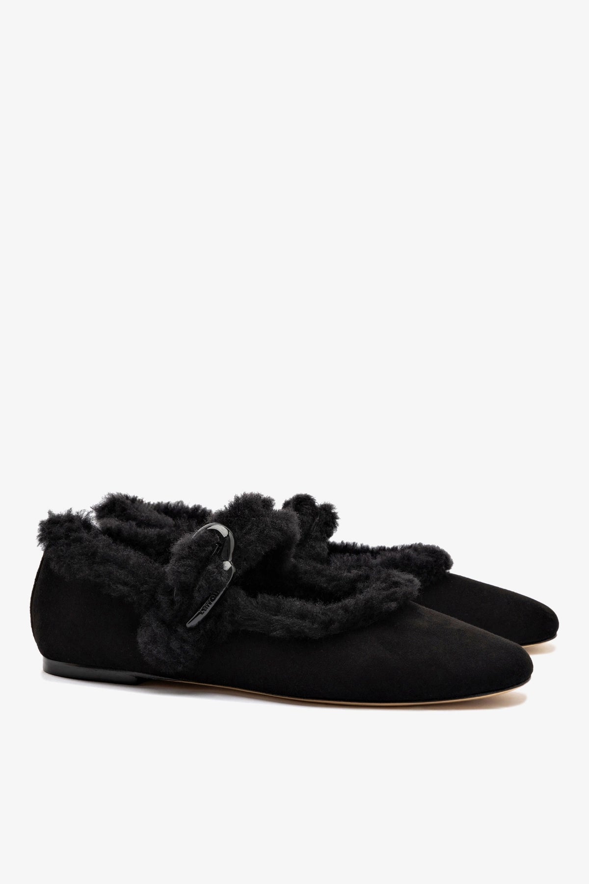 Verona Ballet Flat In Black Suede And Black Shearling - Larroude