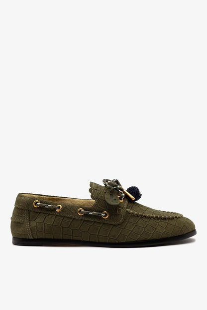 Cyprus Boat Shoe Olive Croco Suede - Larroude