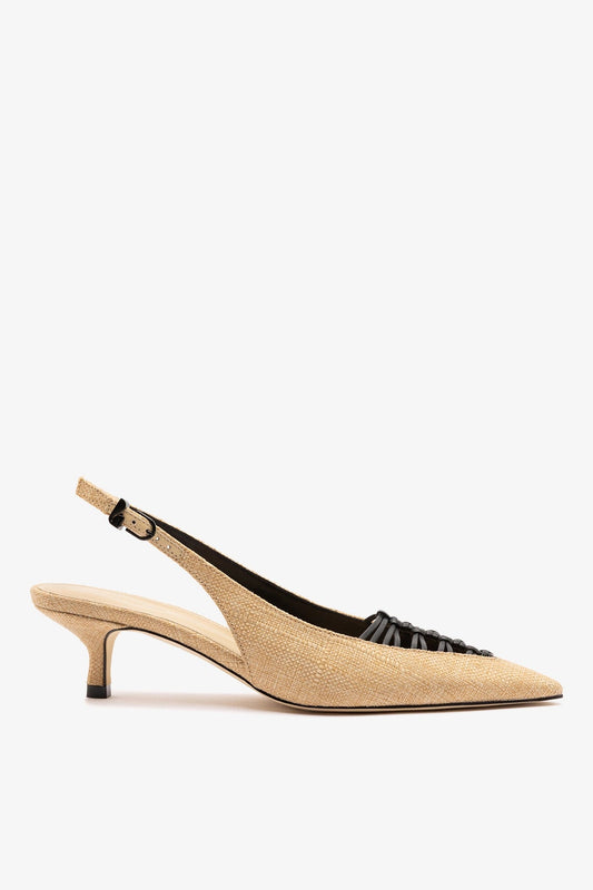 Nara Pump In Beige Raffia and Black Leather - Larroude