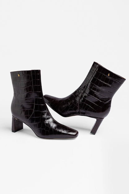 Alexis Bootie In Dark Croco Embossed Leather - Larroude