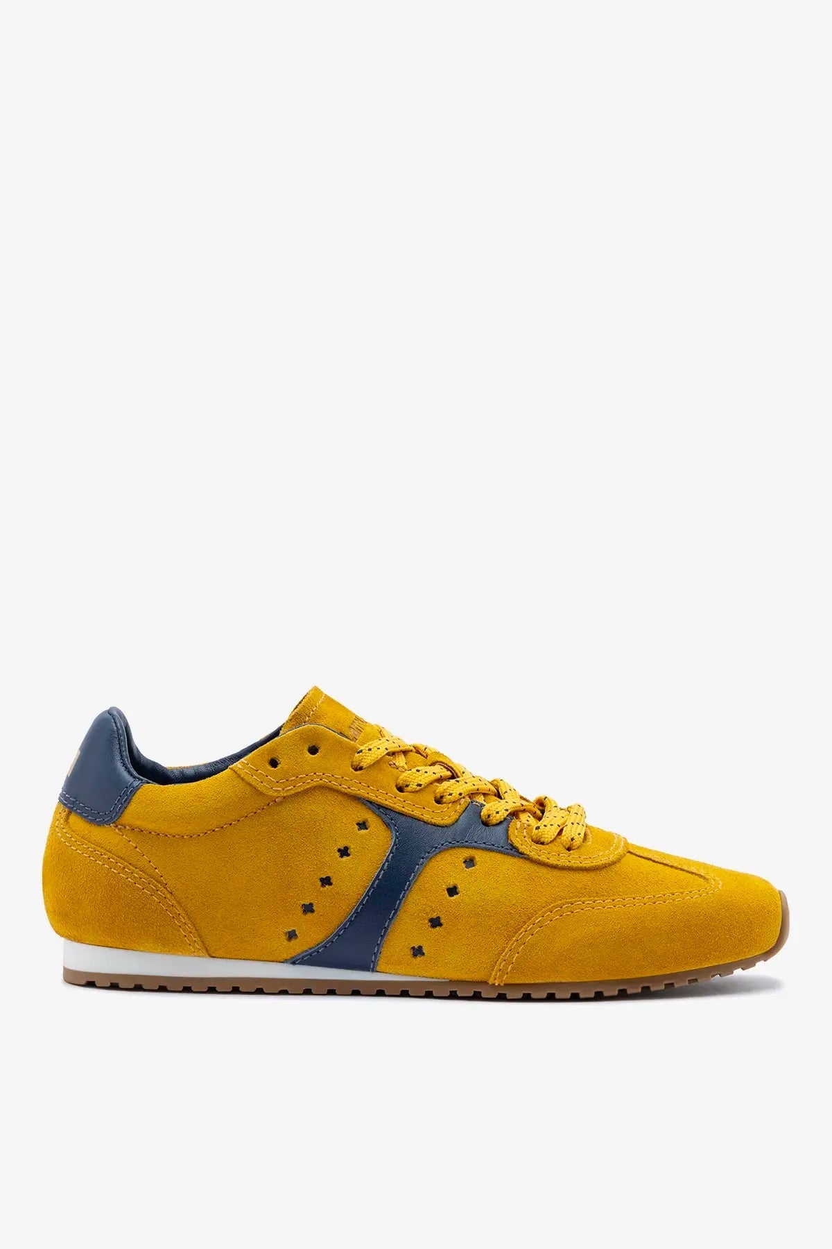 Stella Sneaker In Yellow Suede and Navy Leather - Larroude