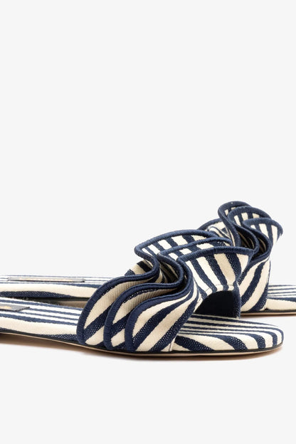 Ivy Ruffle Flat Navy Striped Canvas - Larroude